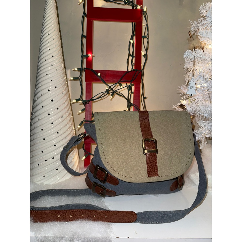 Mona B Canvas Crossbody Bag Khaki Grey Brown Buckle Adjustable Strap